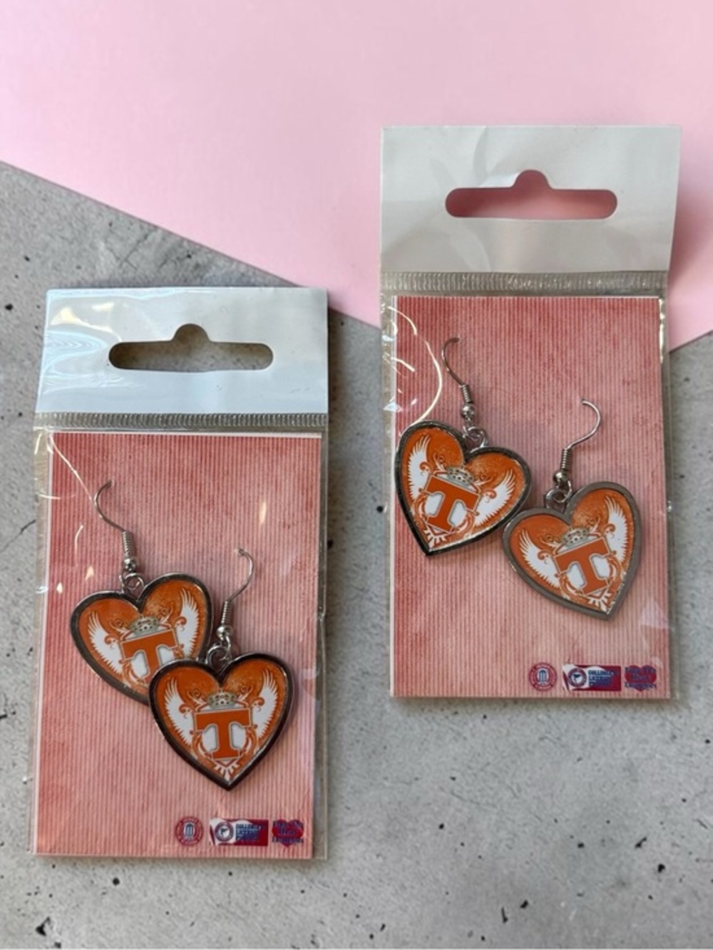 🫶🏻 University of Tennessee Heart Shaped Orange 'T' Logo Dangle Earrings - Pair